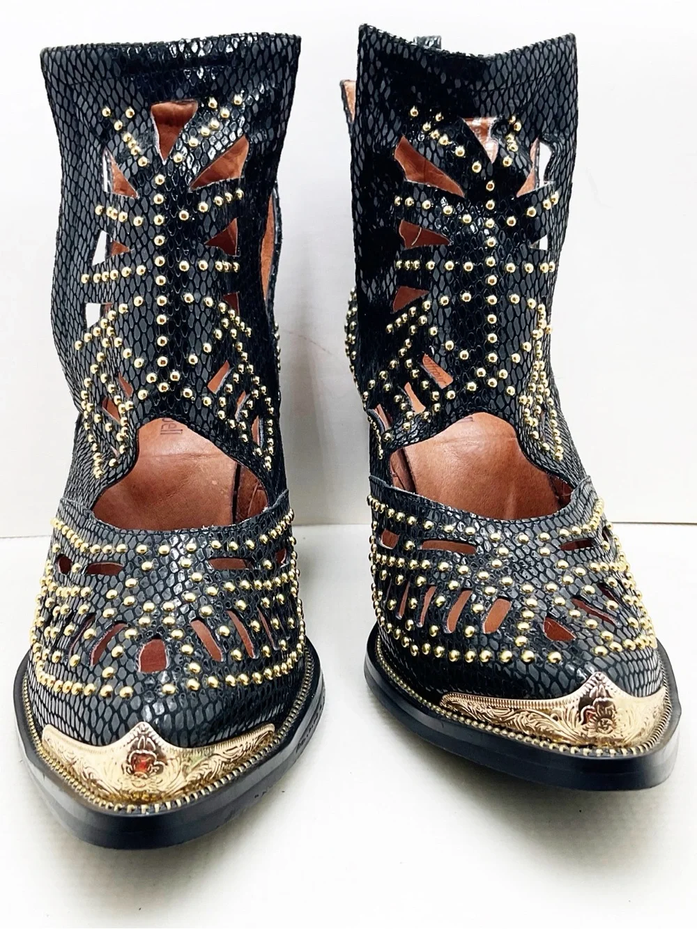 🆕{Jeffrey Campbell}Maceo Gold Studded Cutout Western Ankle Boots